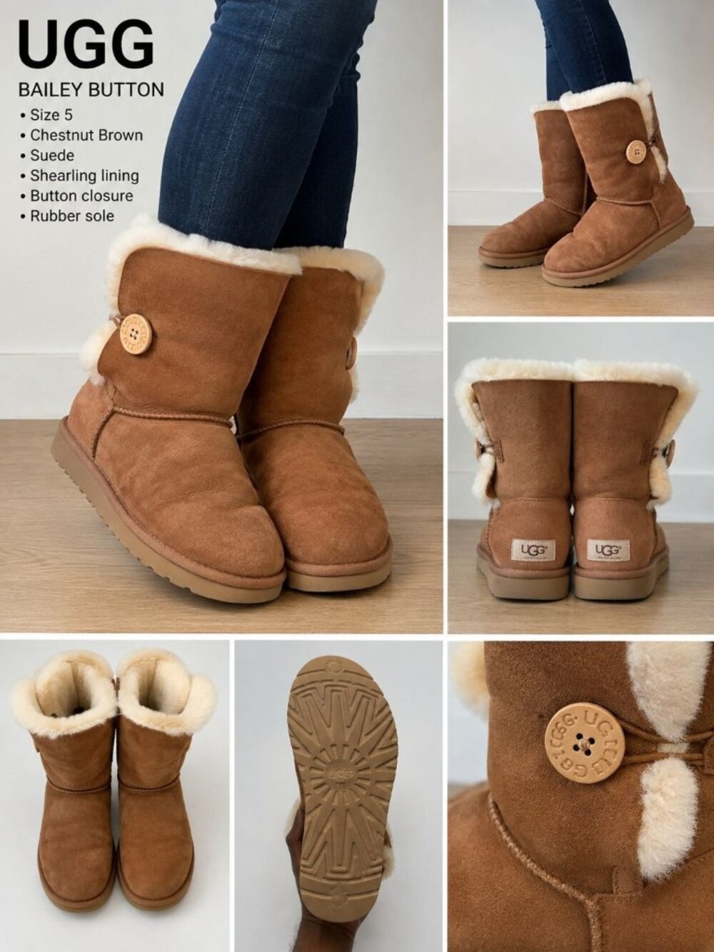 UGG Bailey Button boots chestnut brown plush cream shearling lining Size 5 Chic
